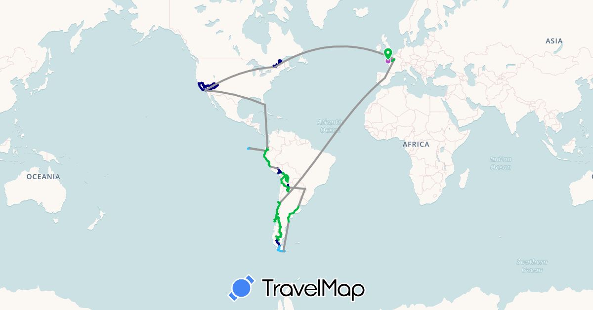 TravelMap itinerary: driving, bus, plane, train, hiking, boat in Argentina, Bolivia, Canada, Chile, Ecuador, Spain, France, Peru, United States (Europe, North America, South America)